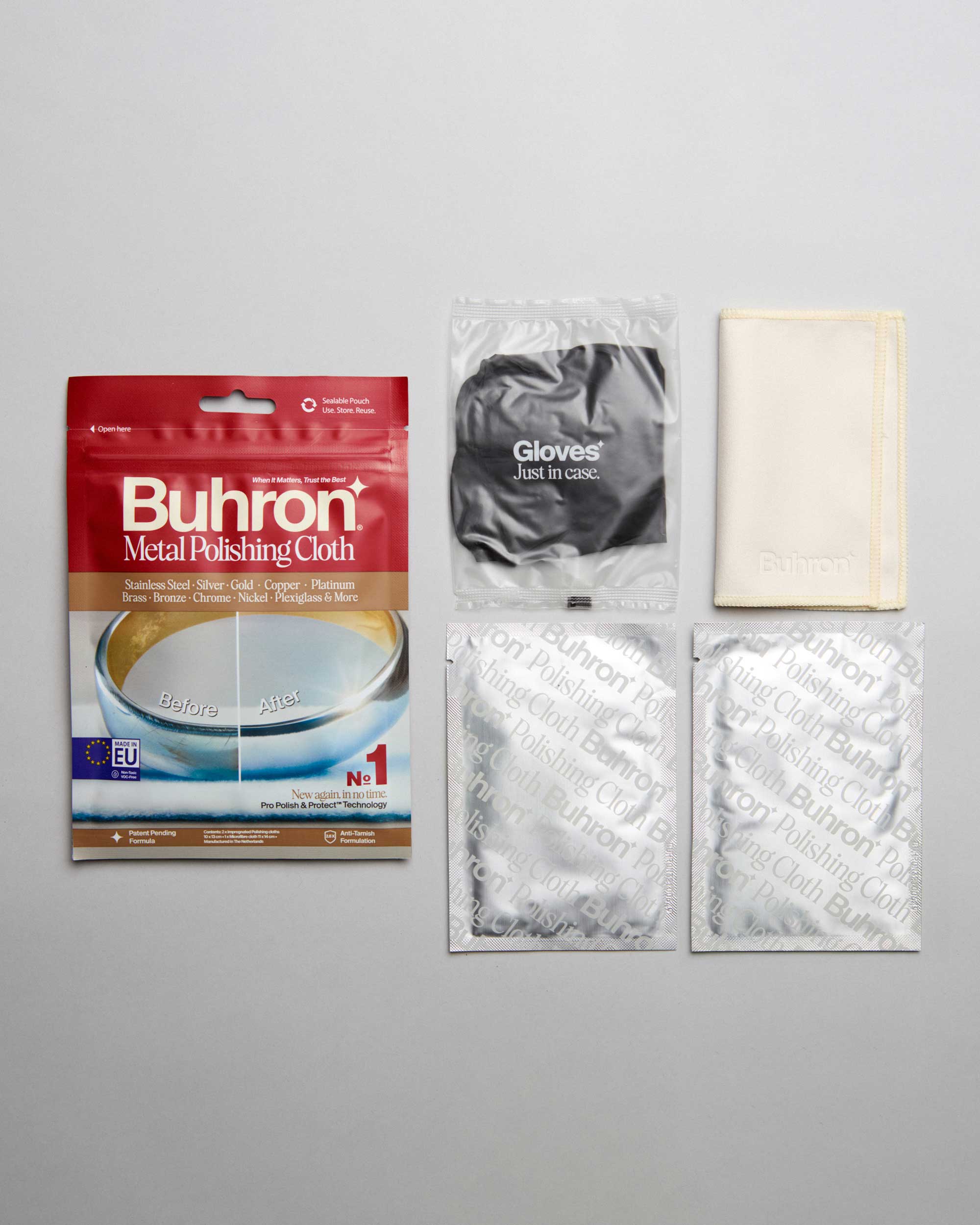 Buhron Essentials Set contents: two impregnated polishing cloths, microfibre buffing cloth, and protective gloves, made in EU