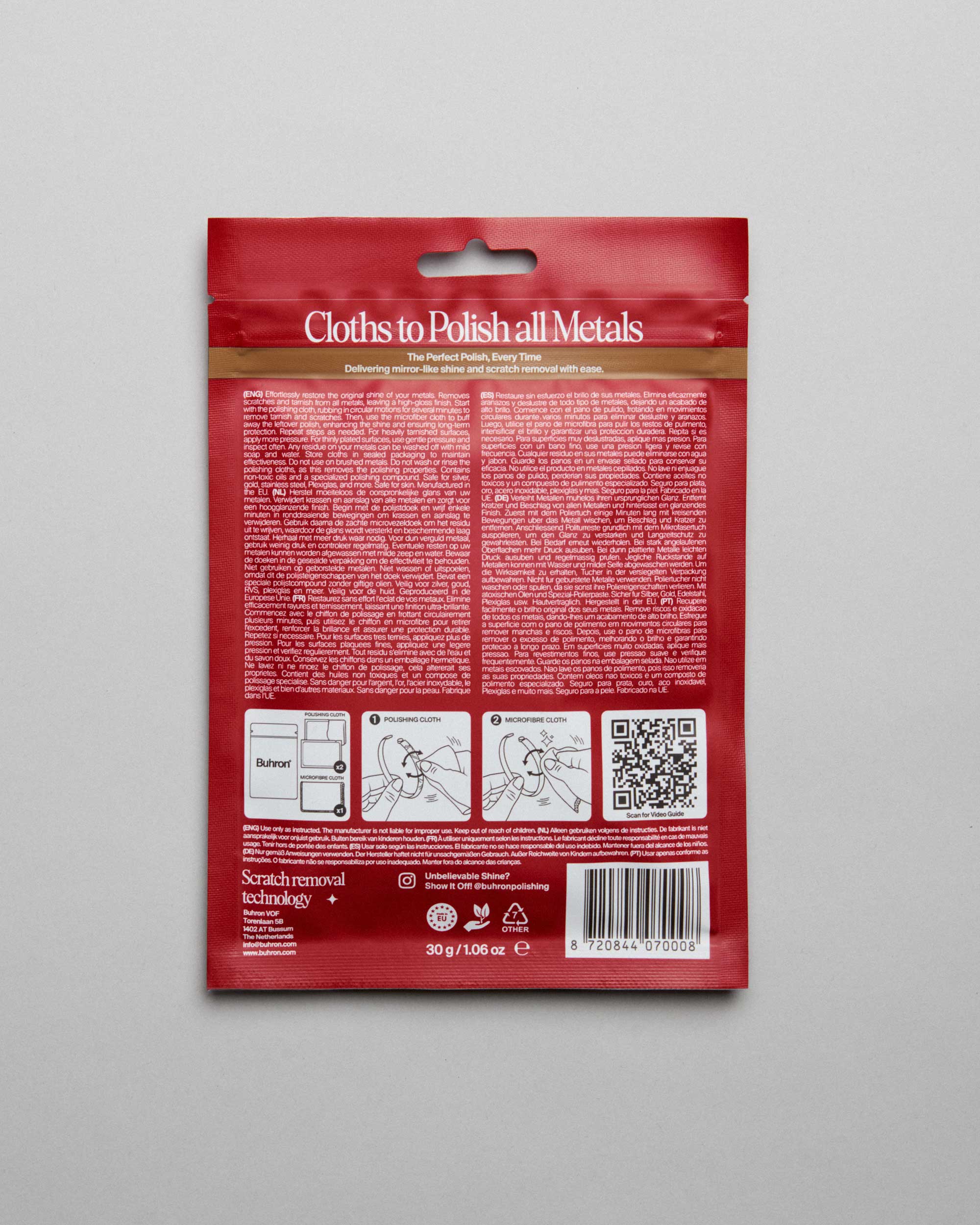 Buhron metal polishing cloth back of packaging showing usage instructions and multilingual directions