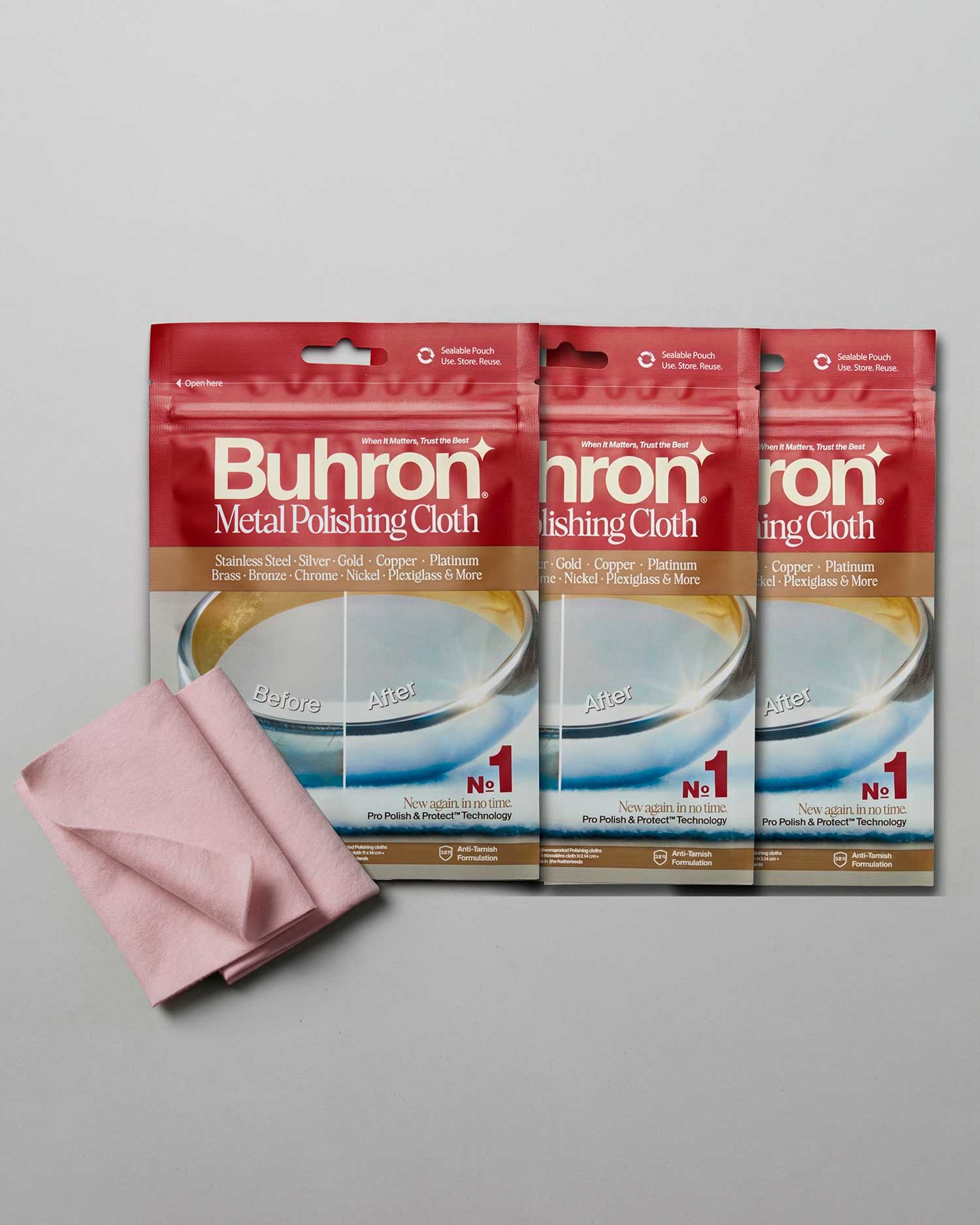 Buhron Trio, 3-pack jewellery polishing cloth set for silver, gold, stainless steel and brass, removes tarnish and scratches, made in EU
