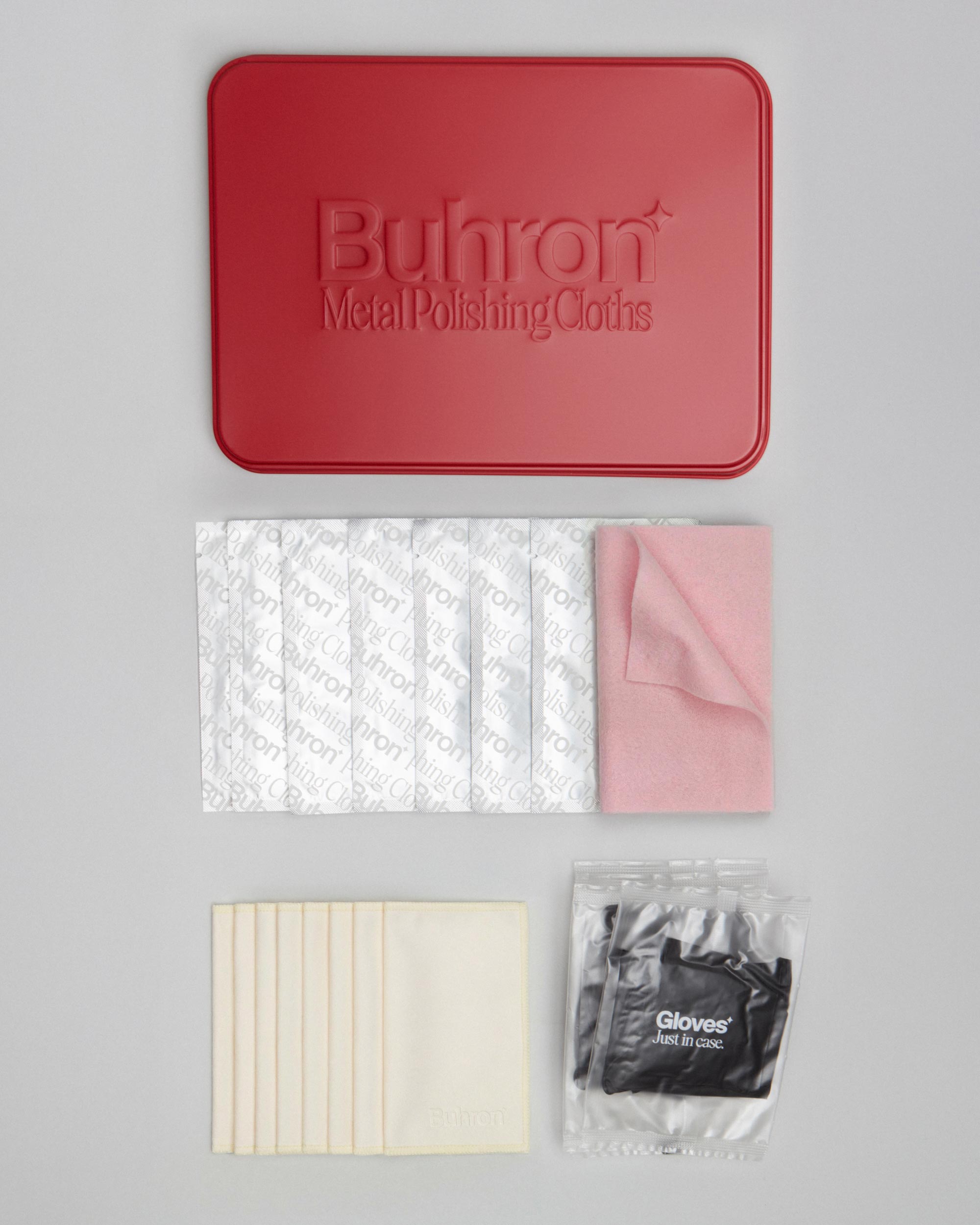 Buhron professional jewellery polishing kit contents, 8 polishing cloths, 8 microfibre cloths and gloves with collectable tin