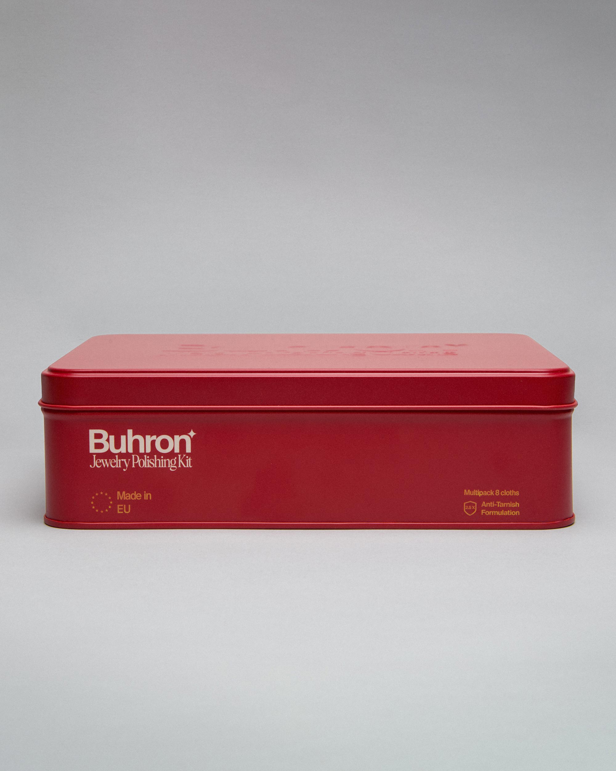 Buhron jewellery polishing kit in collectable tin, 8-cloth professional set for silver, gold and metal, made in EU