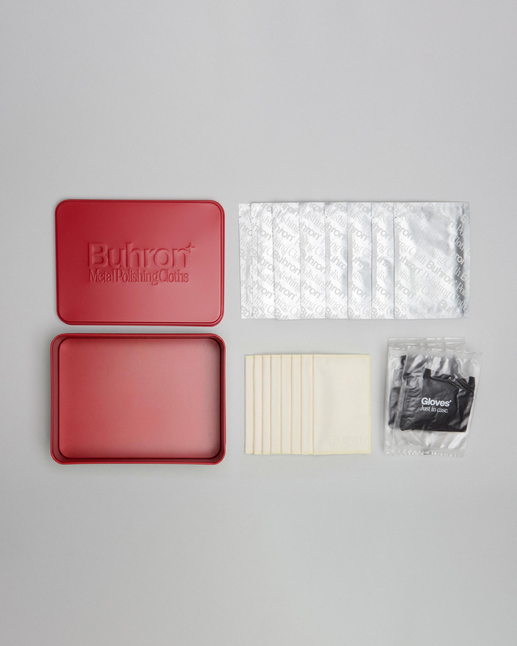 Buhron professional metal polishing kit, open tin with 8 impregnated polishing cloths, microfibre cloths and gloves, made in EU