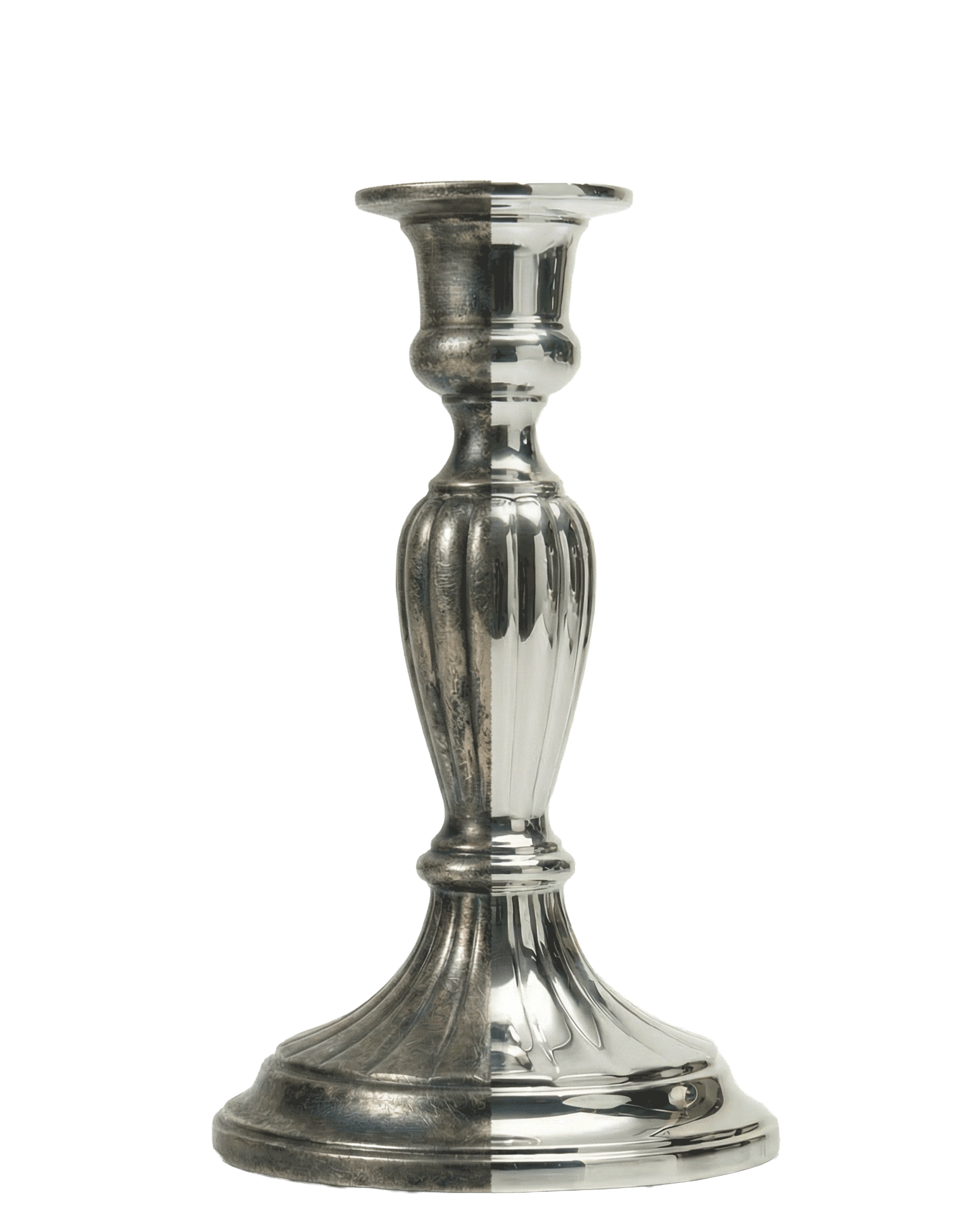 Silver candle holder before and after polishing, tarnish and oxidation removed with Buhron metal polishing cloth